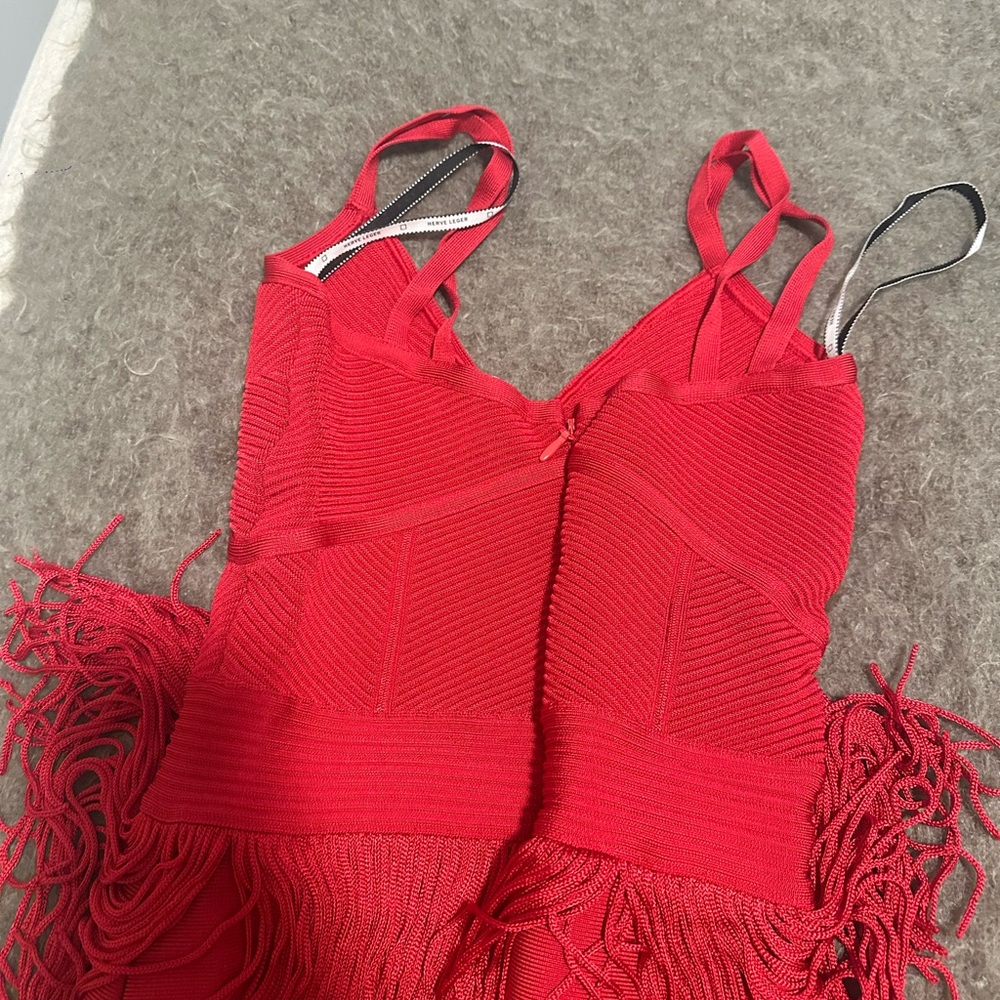 Herve Leger Holly Red Fringe Maxi Dress in Red Rio XS - Picture 5 of 5